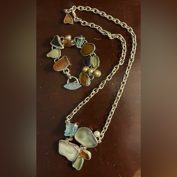 Sterling & Beach Glass Necklace and Bracelet Set by 4 Got.